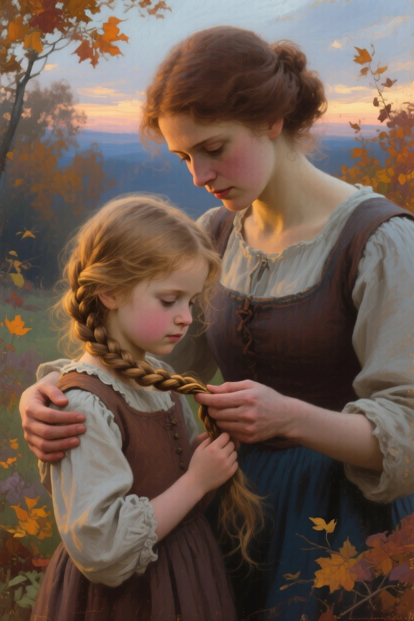 An intimate close-up of a young mother teaching her daughter to braid her hair, in mid-autumn, at twilight.