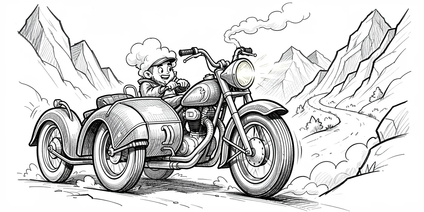 A vintage motorcycle with a sidecar chugging through a mountain pass.