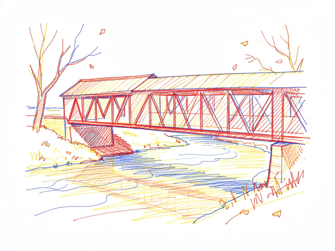 An old covered bridge crossing a quiet river in autumn