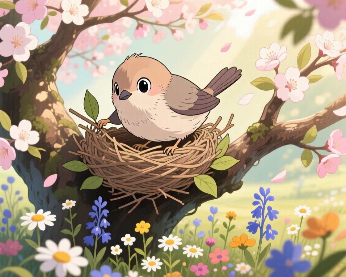 A bird building a nest in a blossoming tree, surrounded by scattered wildflowers, radiating pure charm.