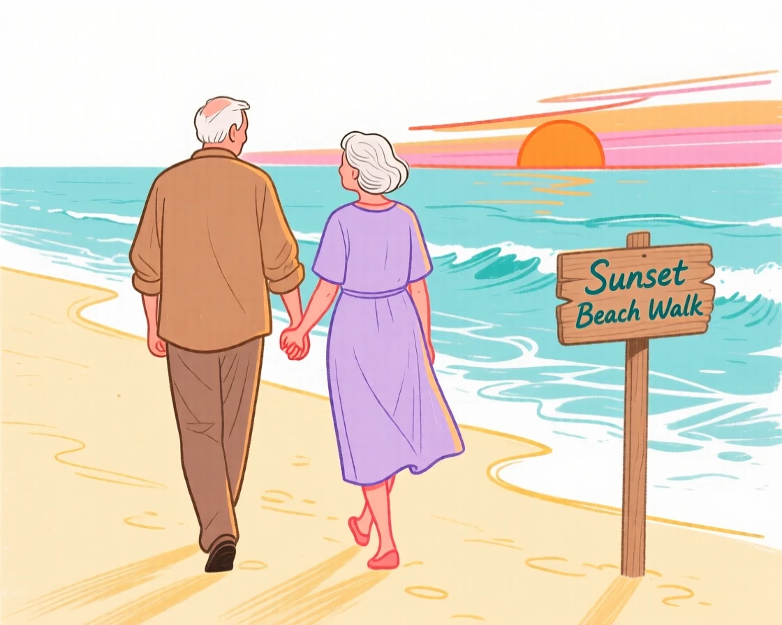 An elderly couple walking hand in hand along a beach at sunset.