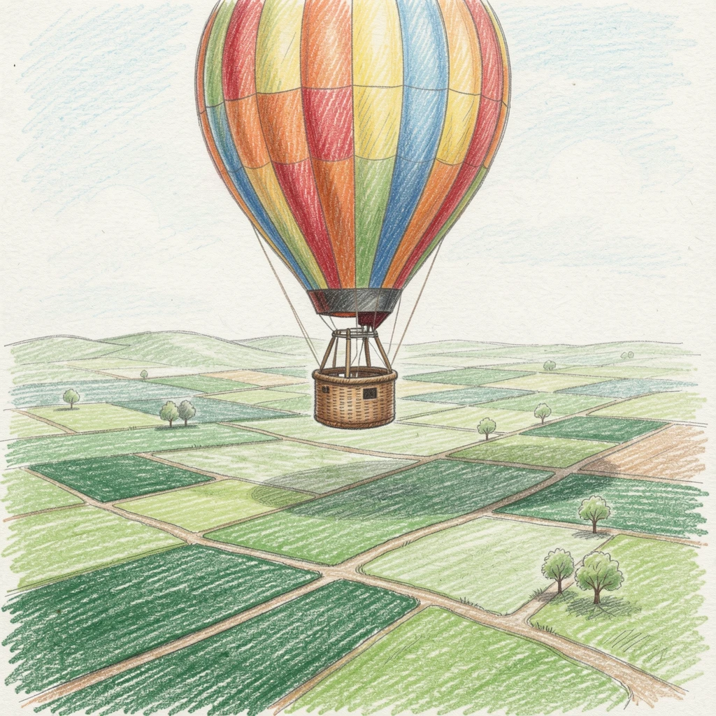 A colorful hot air balloon rising above a patchwork of green fields, with delicate details that reward a closer look, evoking nostalgia and a deep sense of contentment.