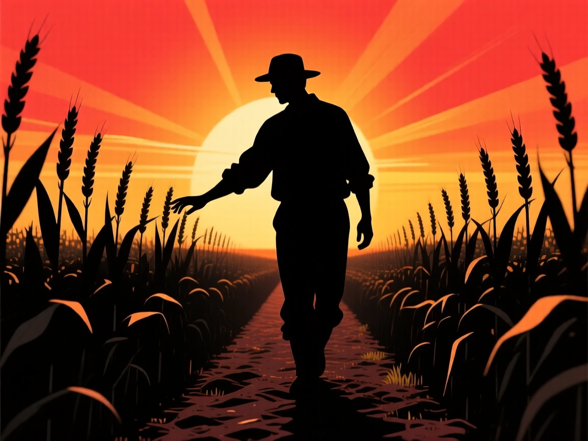 A farmer walking through rows of crops at sunrise, hand brushing the tops.