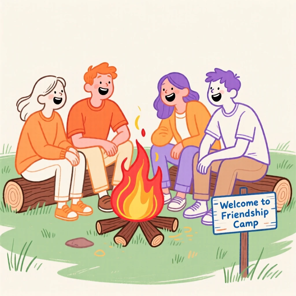 A group of friends laughing together around a campfire.