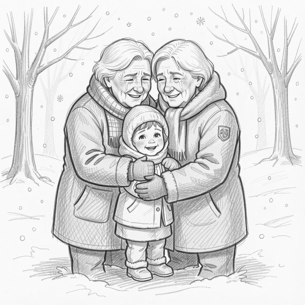 An emotional scene of grandparents embracing their grandchildren on a snowy winter morning, marked by tears of happiness.