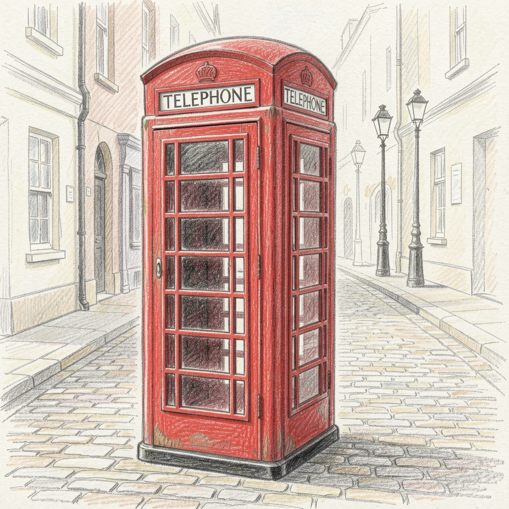 A vintage red telephone booth on a quiet cobblestone London street, captured in a quiet, intimate moment full of atmosphere, evoking nostalgia and a deep sense of contentment.