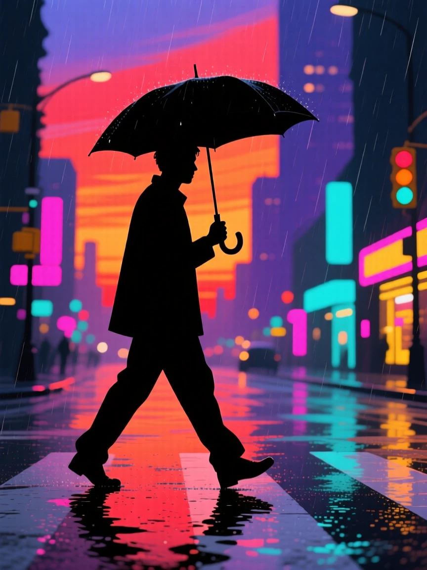 A person holding an umbrella while crossing a rain-soaked city street.