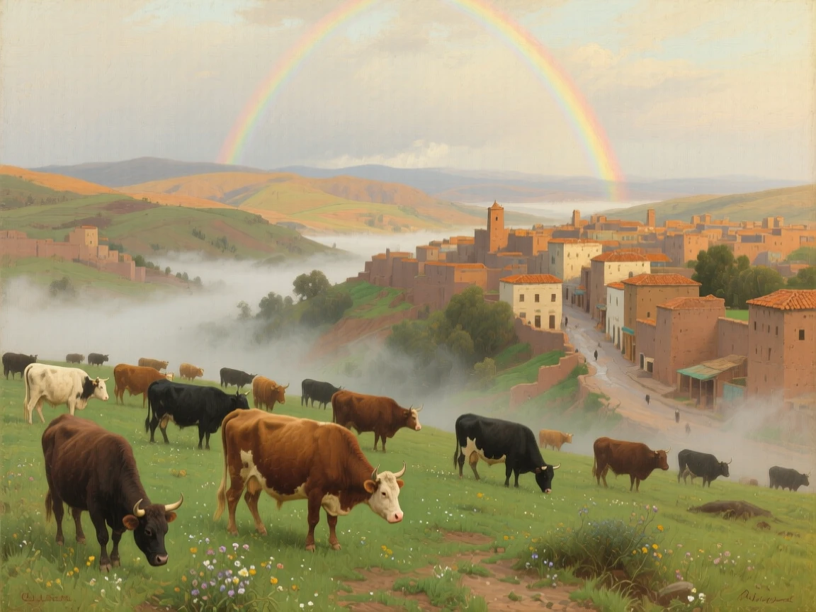 A grand panoramic scene of a herd of cattle grazing peacefully in a misty valley, under a rainbow after a storm, in a Moroccan medina.
