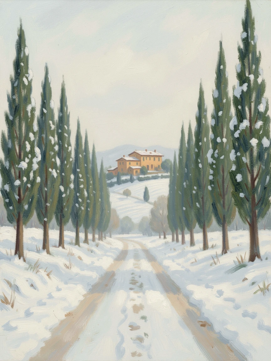 A quiet countryside road lined with tall cypress trees leading toward a hilltop villa in the Tuscan countryside, under a fresh blanket of snow, capturing a moment of quiet intimacy.
