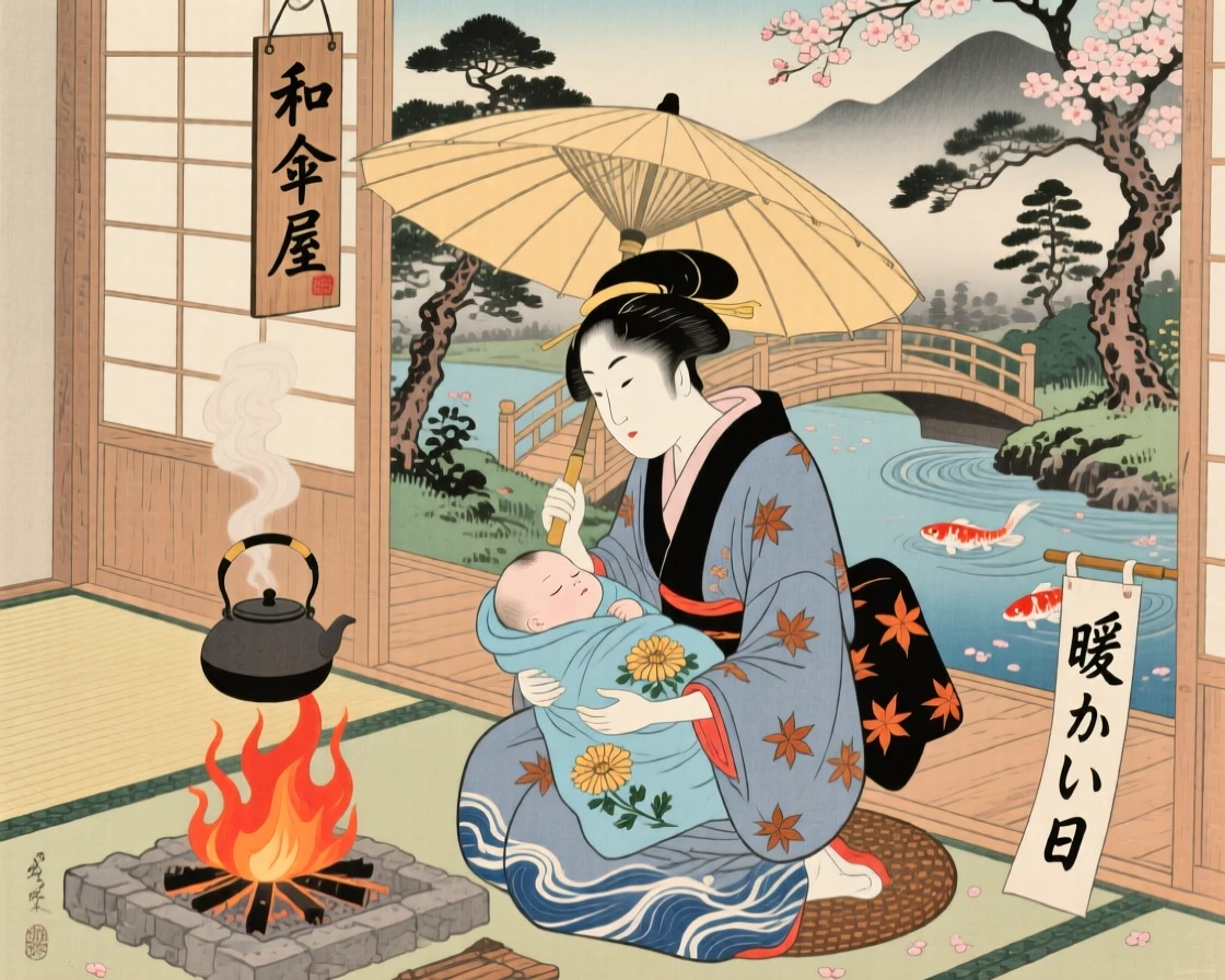 An umbrella seller cradling a sleeping infant beside a warm hearth.