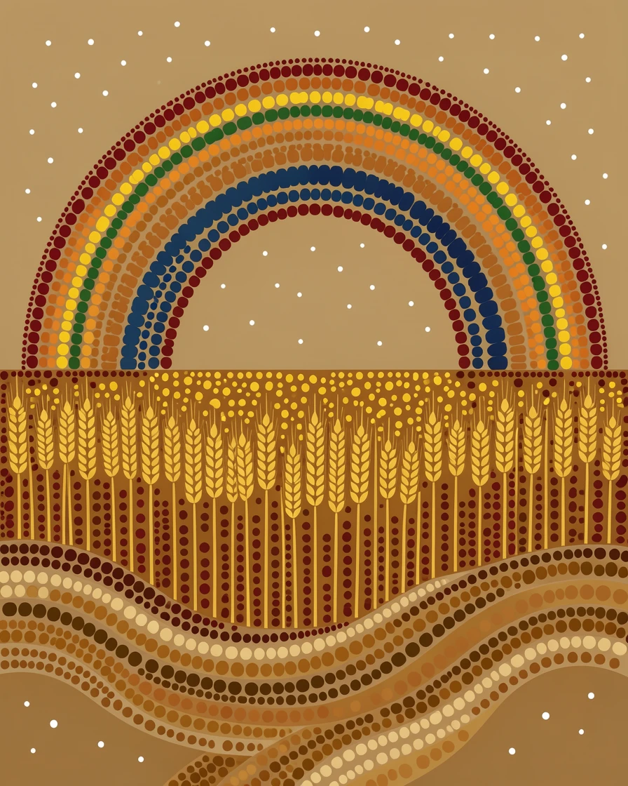 Golden wheat fields beneath a rainbow after rain
