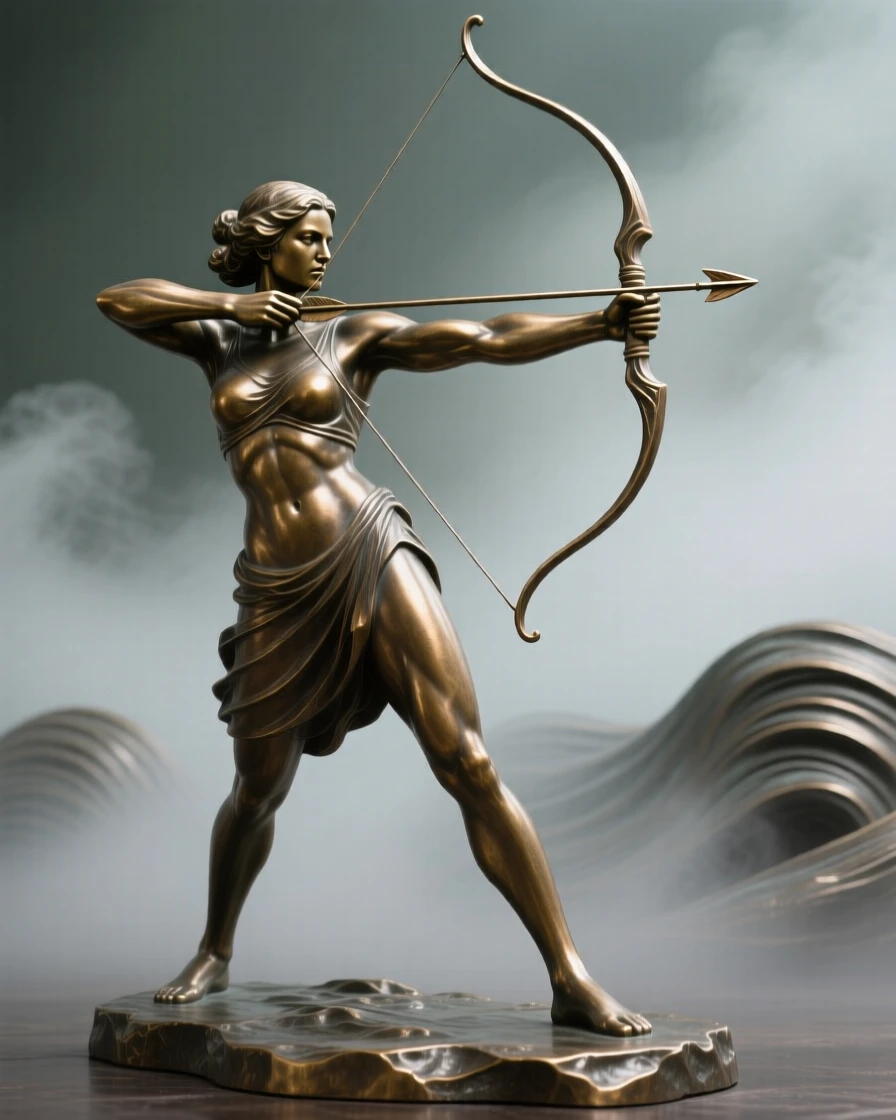 An archer drawing her bow at full tension, framed by an atmospheric, misty backdrop, forming a strong central focal point