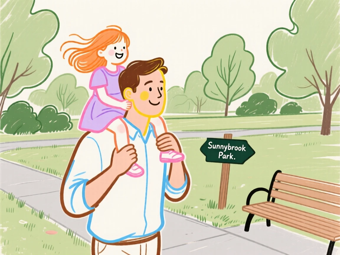 A father carrying his daughter on his shoulders through a park.