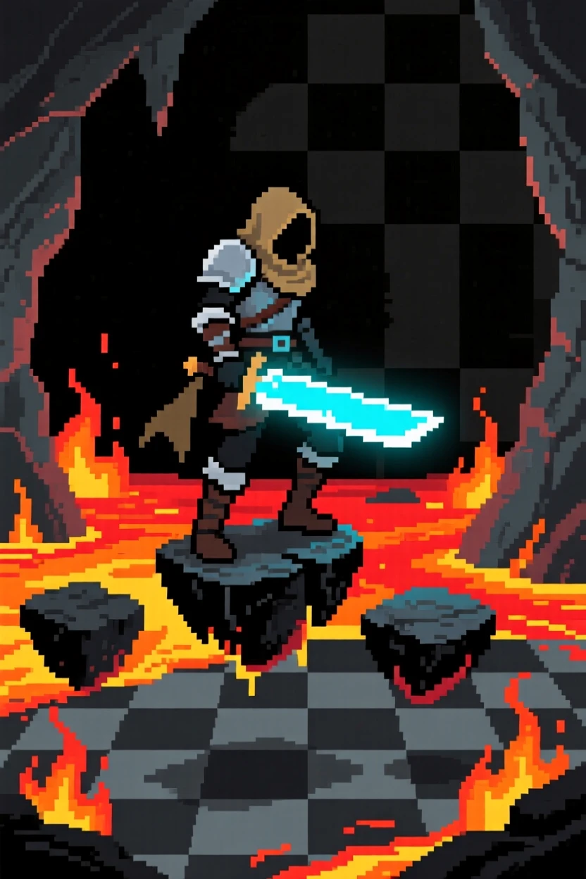 A rogue with a glowing dagger crossing a lava-filled cavern on floating rocks, on a checkerboard battlefield of tiles.