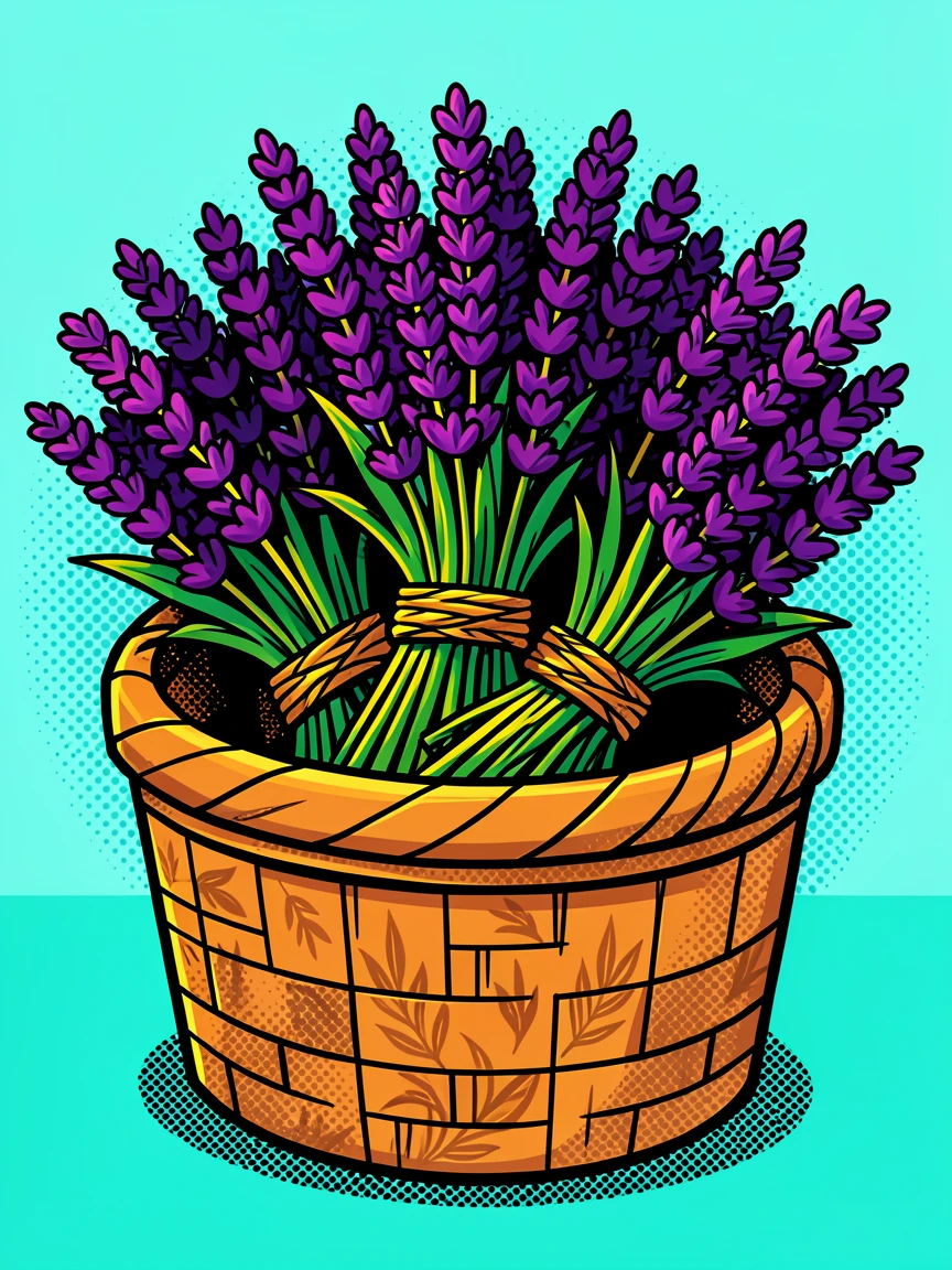 A basket of fresh lavender bundles tied with twine