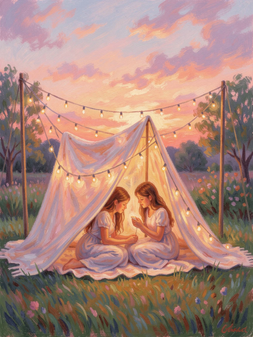 A pair of sisters sharing secrets under a blanket fort lit by string lights, under a glowing sunset sky.