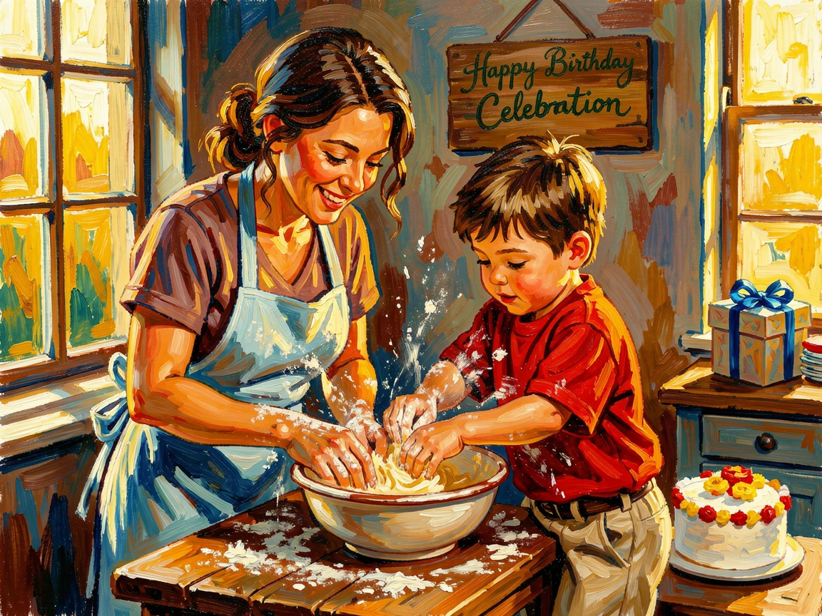 A mother and son baking a birthday cake together, both covered in a dusting of flour.
