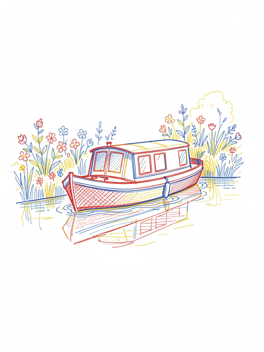 A traditional canal boat gliding past blooming waterside gardens