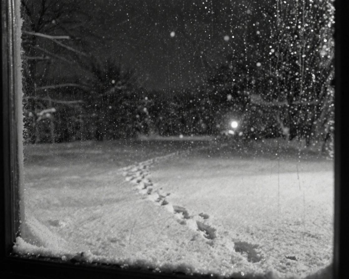 Footprints trailing across a fresh blanket of untouched snow, under a canopy of stars, amid gently falling snow, in the depths of winter, with stark black-and-white contrast softened by a single warm hue, through a rain-streaked window.