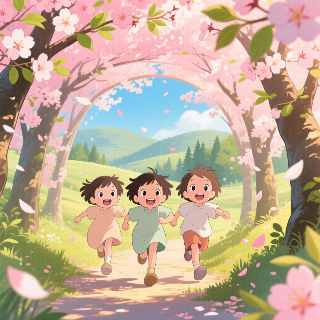A spring scene of children running through a tunnel of blooming cherry trees, with a gentle breeze stirring the scene.
