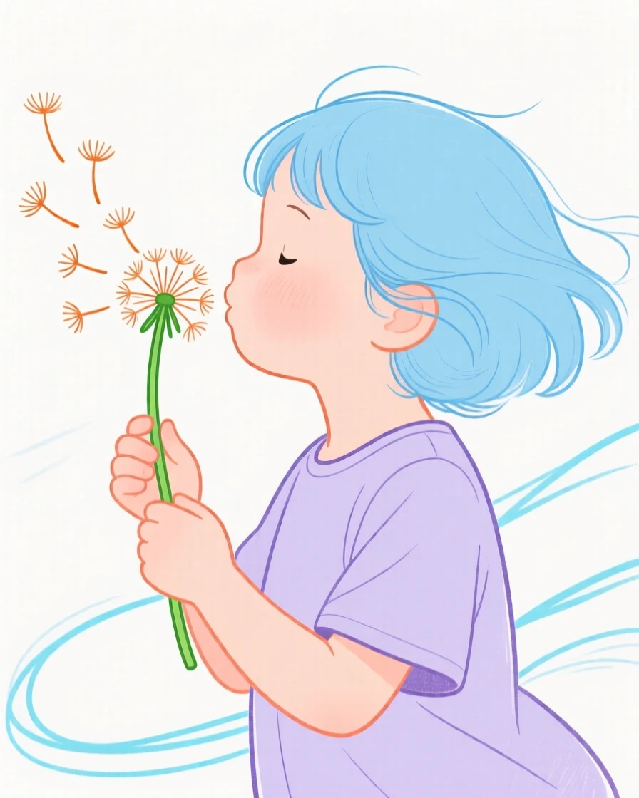 A child blowing dandelion seeds into the summer breeze.