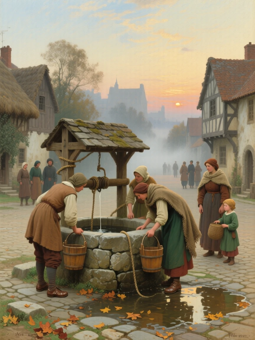 A sweeping wide shot of villagers gathered at a well drawing water at first light, in medieval times, in a light morning mist.