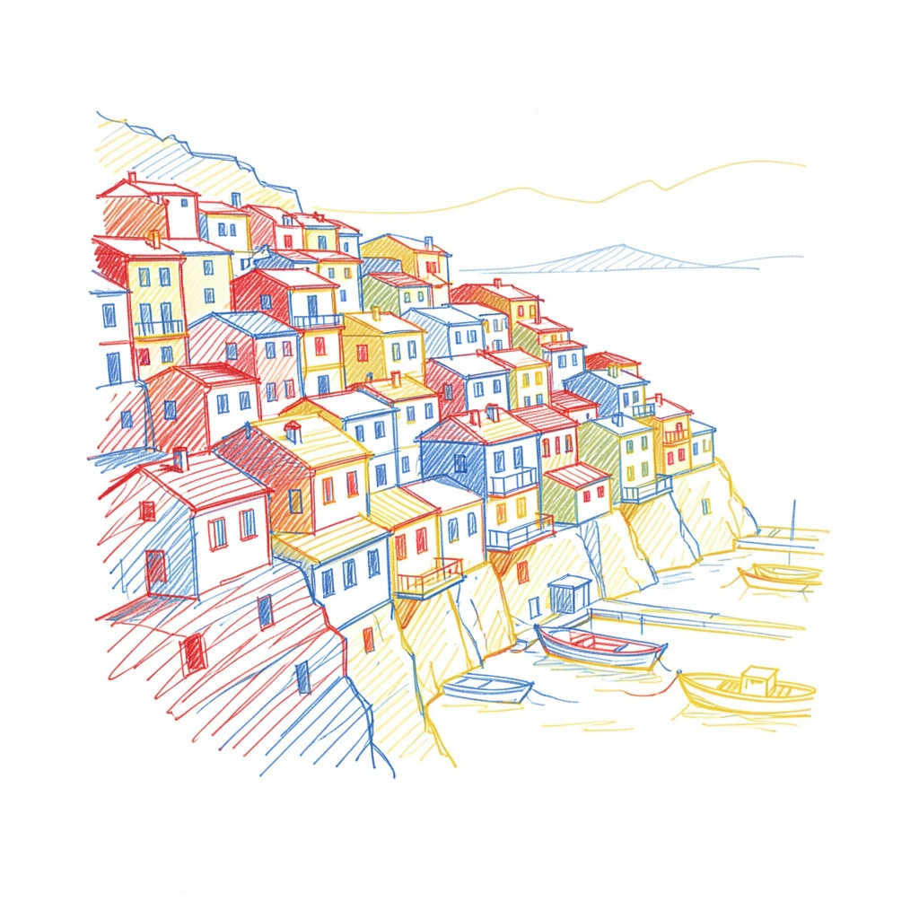 A colorful cliffside town cascading down toward a harbor