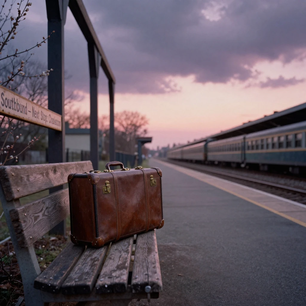 A traveler's suitcase resting beside an old train platform bench, under a glowing sunset sky, under a darkening storm sky, in early spring, in dusty lavender and rose tones, framed symmetrically down a long corridor.
