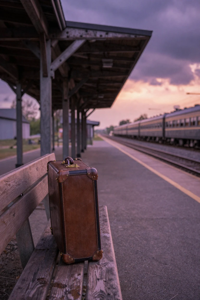 A traveler's suitcase resting beside an old train platform bench, under a glowing sunset sky, under a darkening storm sky, in early spring, in dusty lavender and rose tones, framed symmetrically down a long corridor.