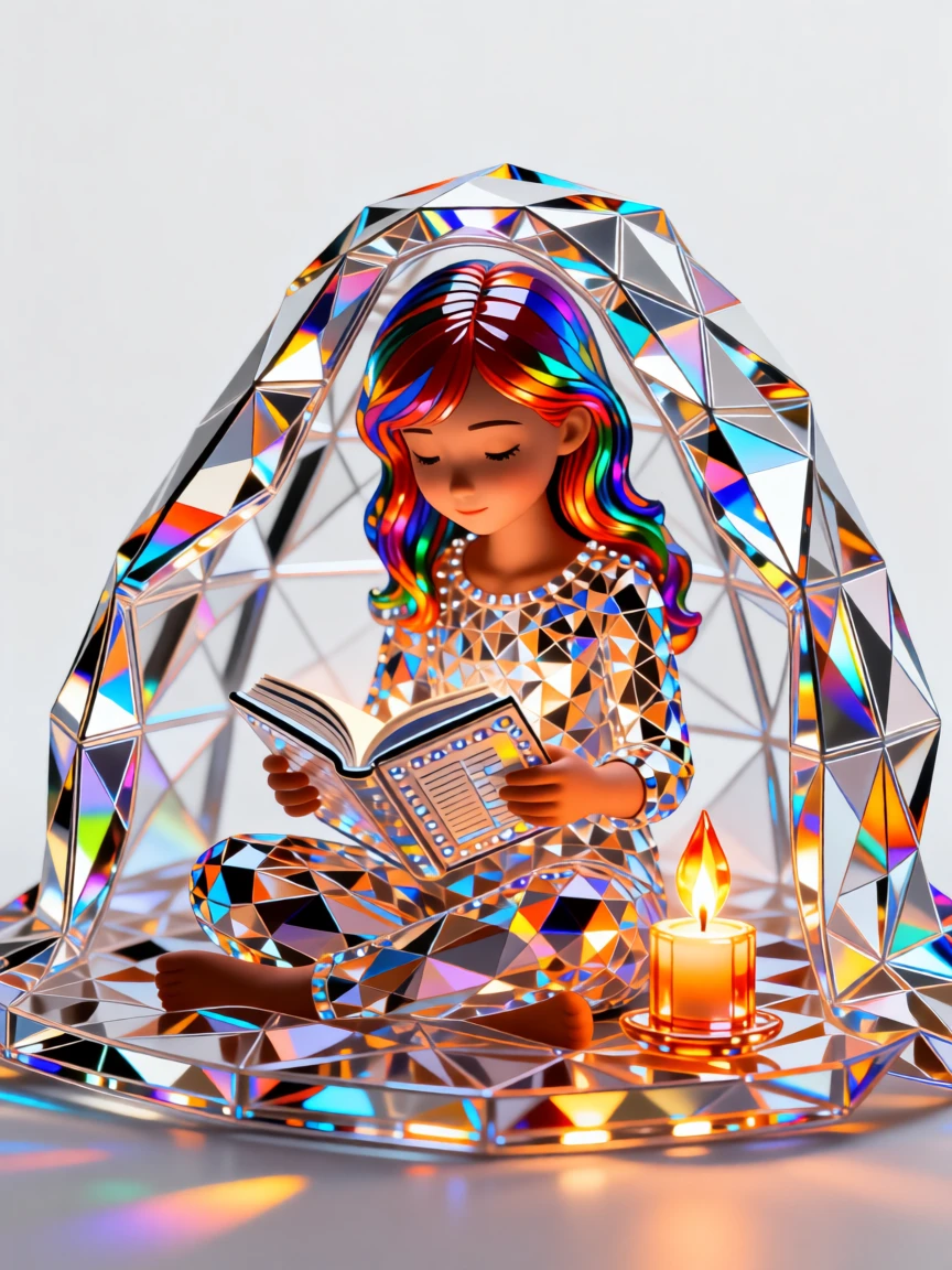 A young girl reading a book by candlelight in a cozy blanket fort.