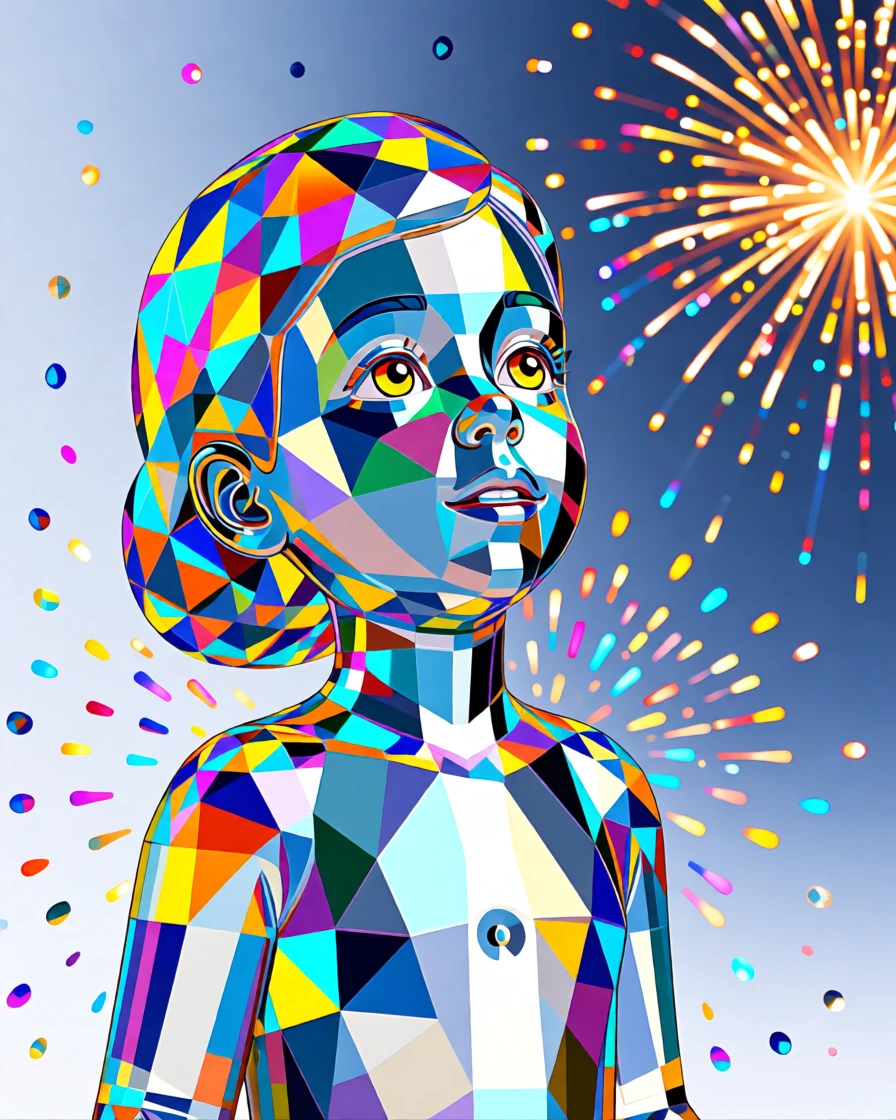 A child's face lit with wonder while watching fireworks light up the night sky.