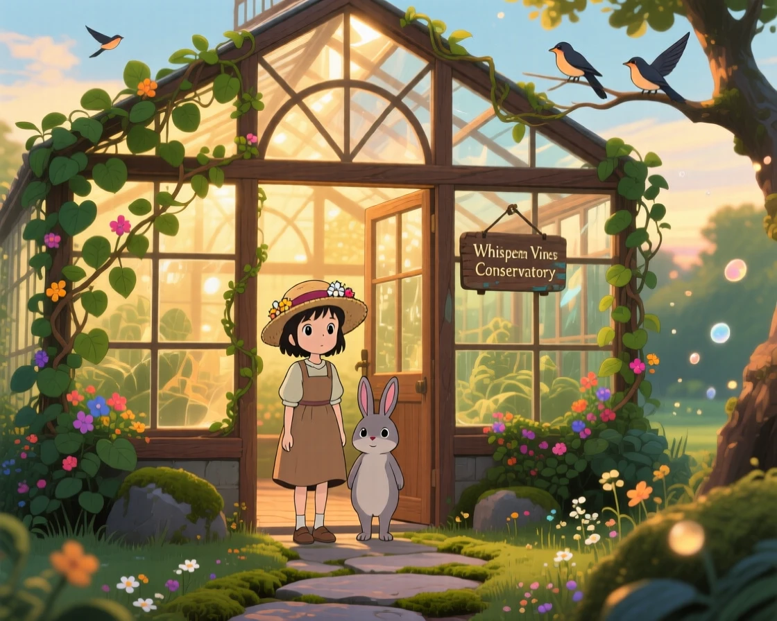 A charming view of a greenhouse conservatory filled with glass panes and climbing vines, with warm light glowing from every window.