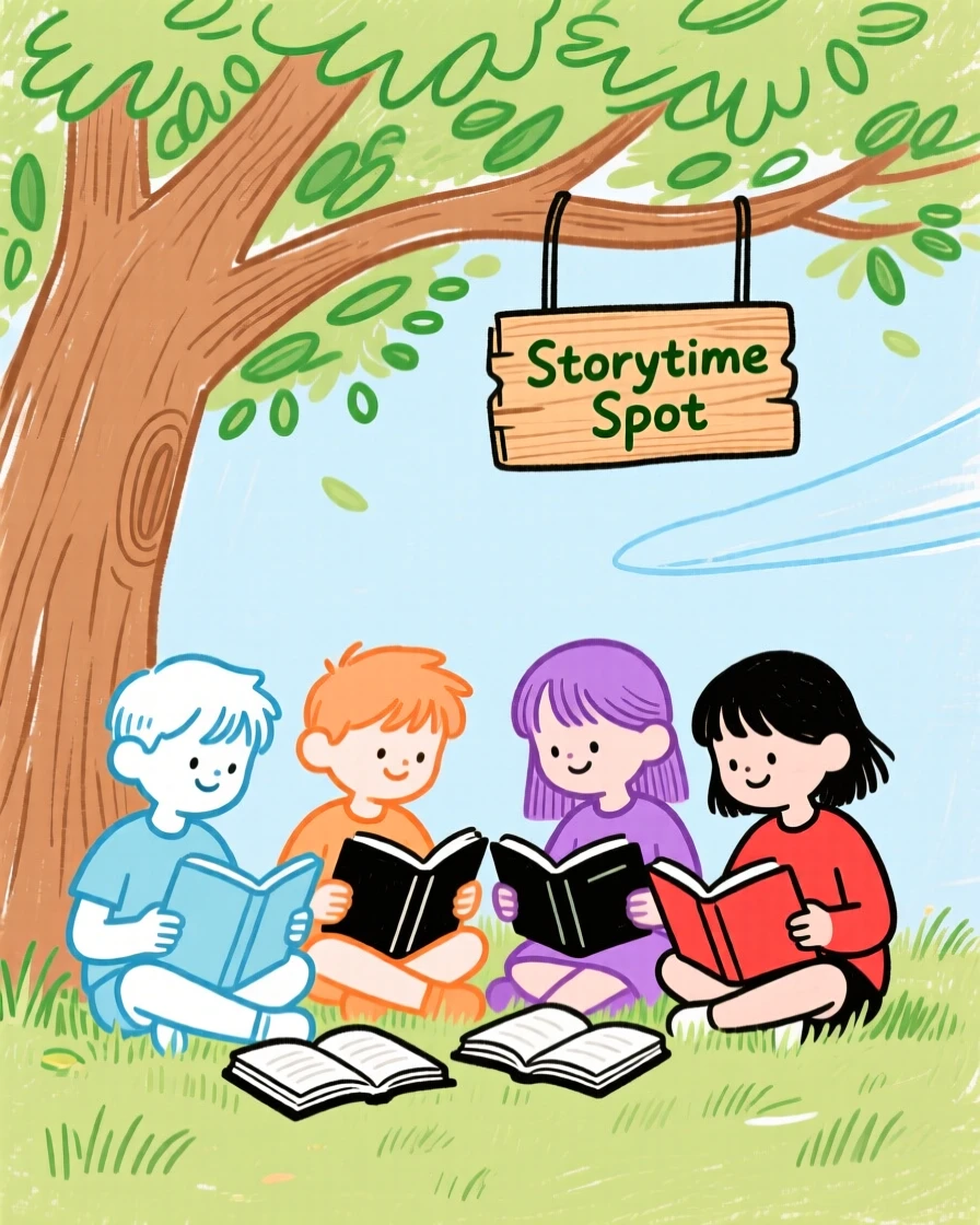 A group of children reading together under a shady tree.