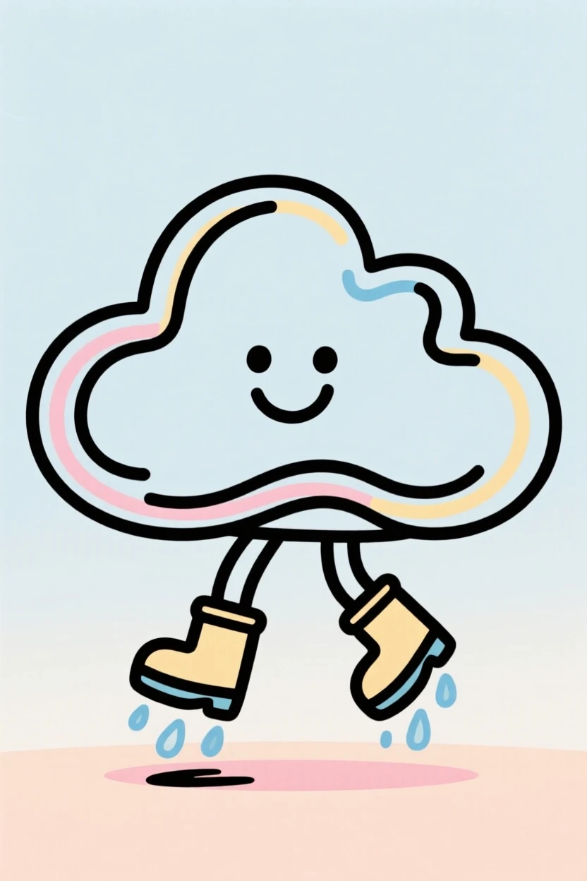 A happy cartoon cloud character wearing tiny rain boots.
