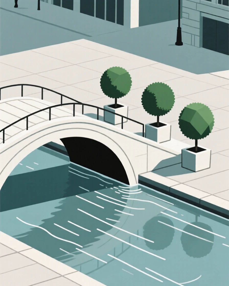 A quiet corner of a bridge arching over a river within a bustling downtown plaza, featuring potted topiary trees, full of timeless grandeur.