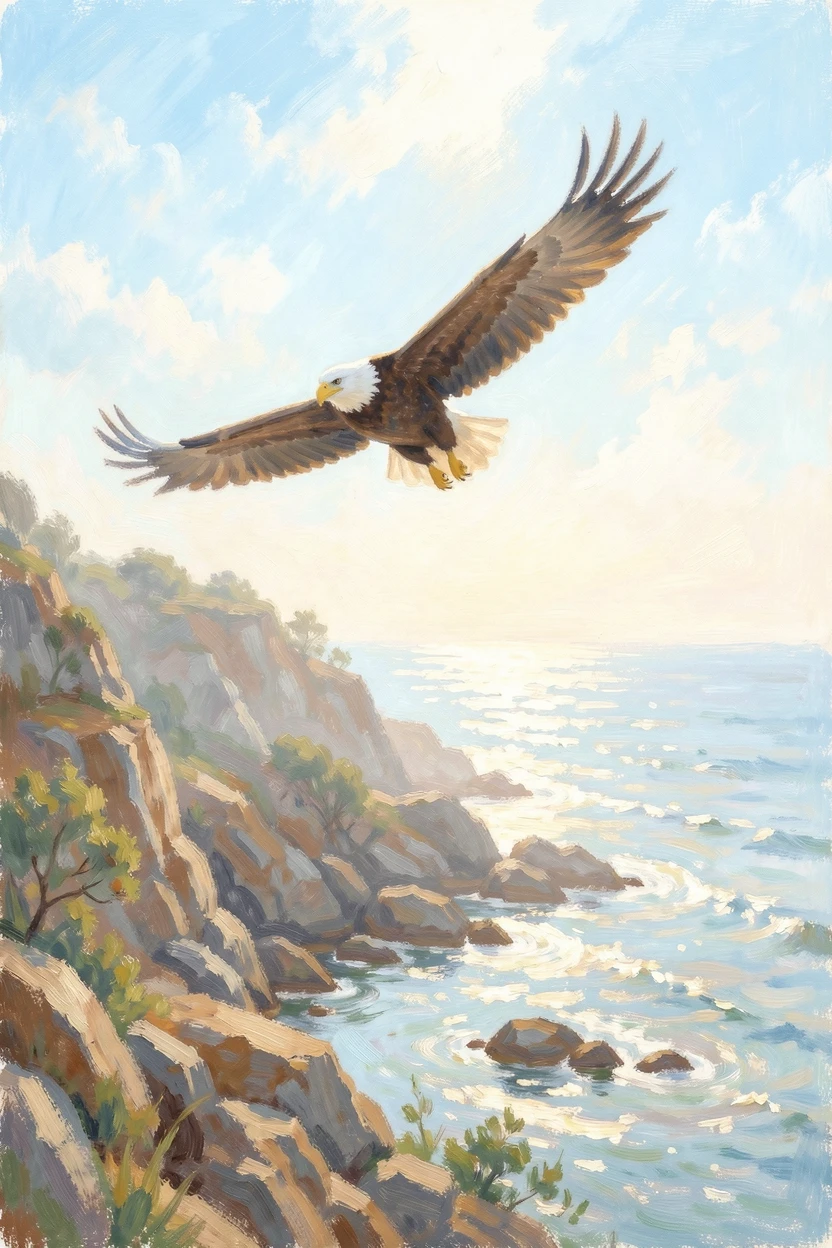 A bald eagle soaring above a rugged coastline, wings spread wide against a brilliant blue sky, in the gentle hush of early morning, capturing a moment of quiet intimacy.