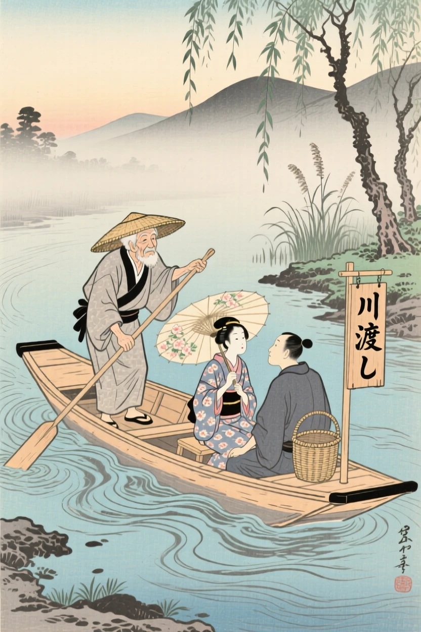 An elderly fisherman ferrying passengers across a misty river.