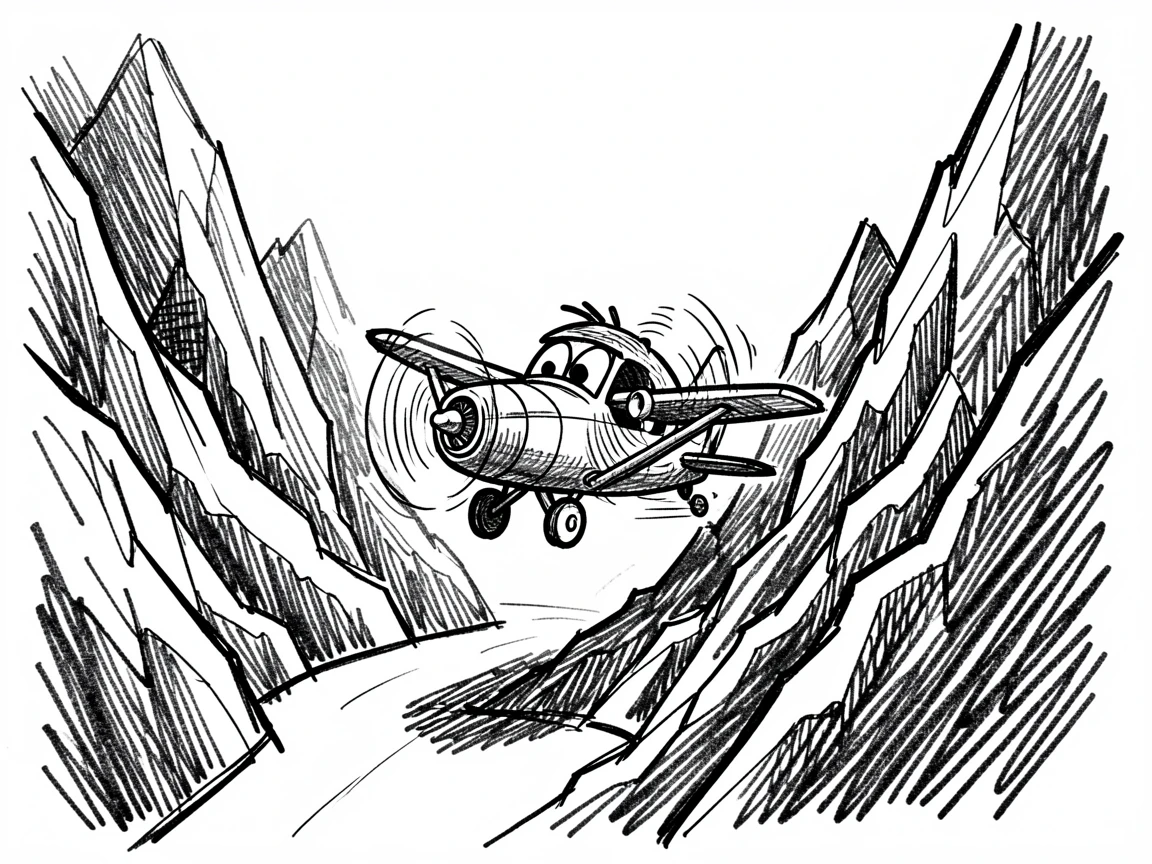 A small propeller airplane chugging through a mountain pass.