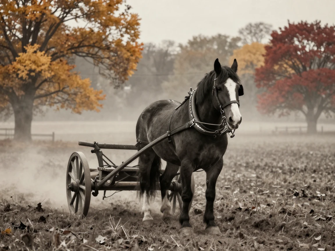 A draft horse pulling an old wooden plow through a field, in gentle diffused daylight, as mist rises off the ground, as autumn leaves turn gold and red, with stark black-and-white contrast softened by a single warm hue, at eye level, intimate and direct.