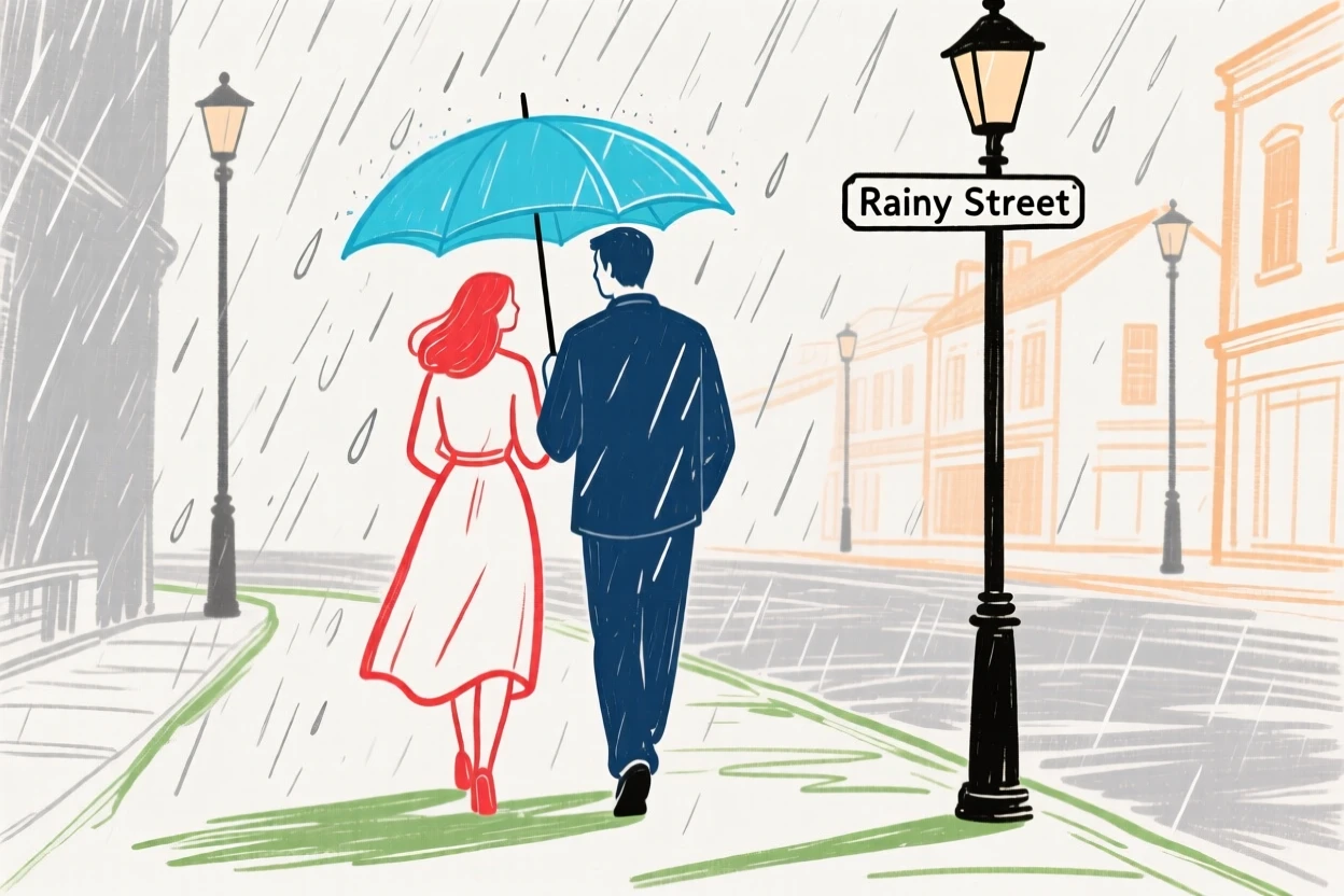 A couple sharing an umbrella while walking through a rainy street.
