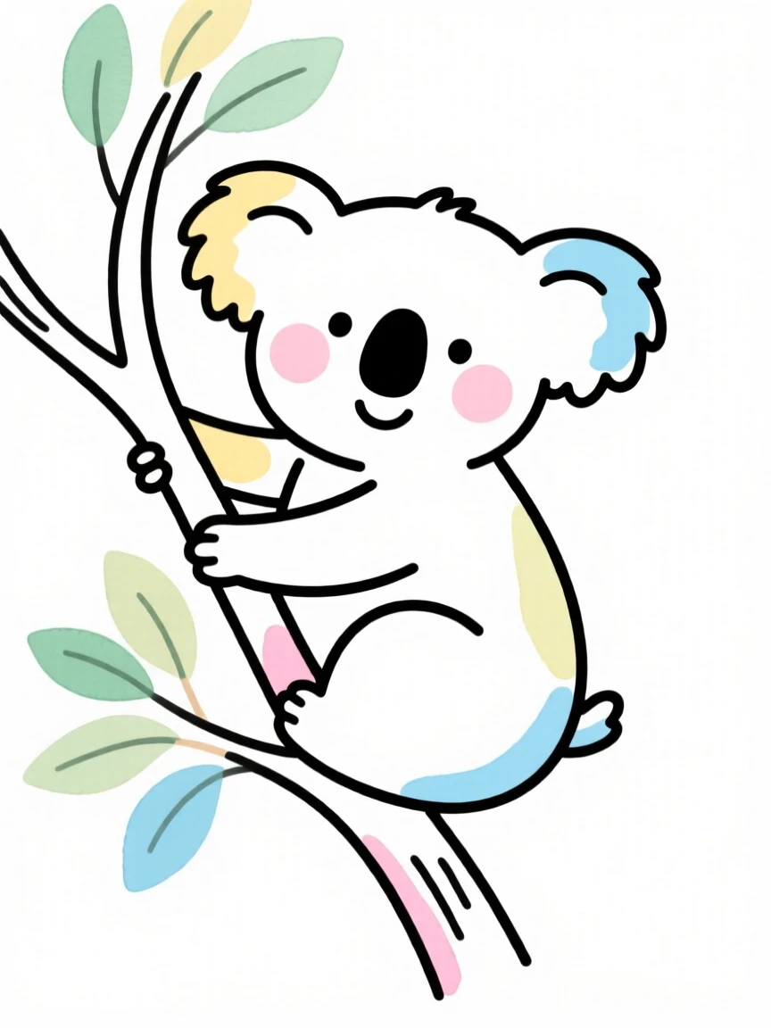 A cute cartoon koala clinging happily to a eucalyptus branch.