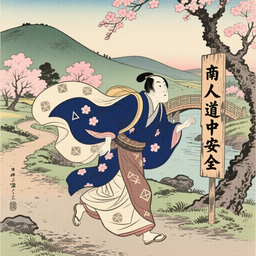 A traveling merchant captured mid-motion with swirling sleeves.