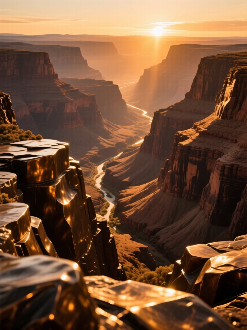 A vast canyon glowing amber in the late afternoon sun, rendered in vivid, atmospheric detail, offering a breathtaking sense of place