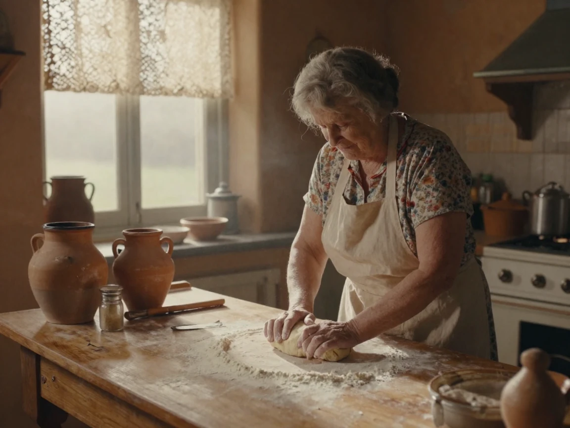 A grandmother kneading dough in a sunlit farmhouse kitchen, in low lamplight, in thick rolling fog, in the height of summer, in earthy terracotta and ochre shades, from a three-quarter angle.