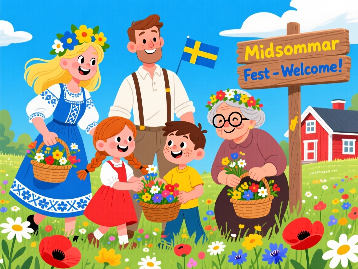 A family in Sweden gathering wildflowers for a midsummer celebration.