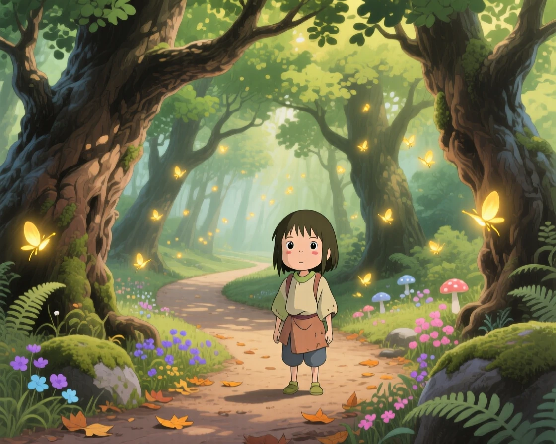A forest path lined with towering ancient trees, fireflies drifting lazily through the air, creating a scene of quiet natural magic.