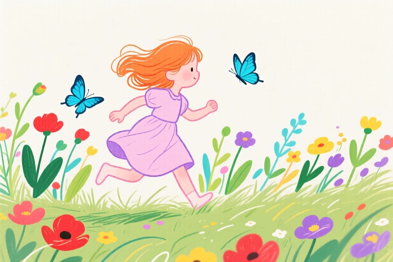 A little girl chasing butterflies in a flower-filled meadow.