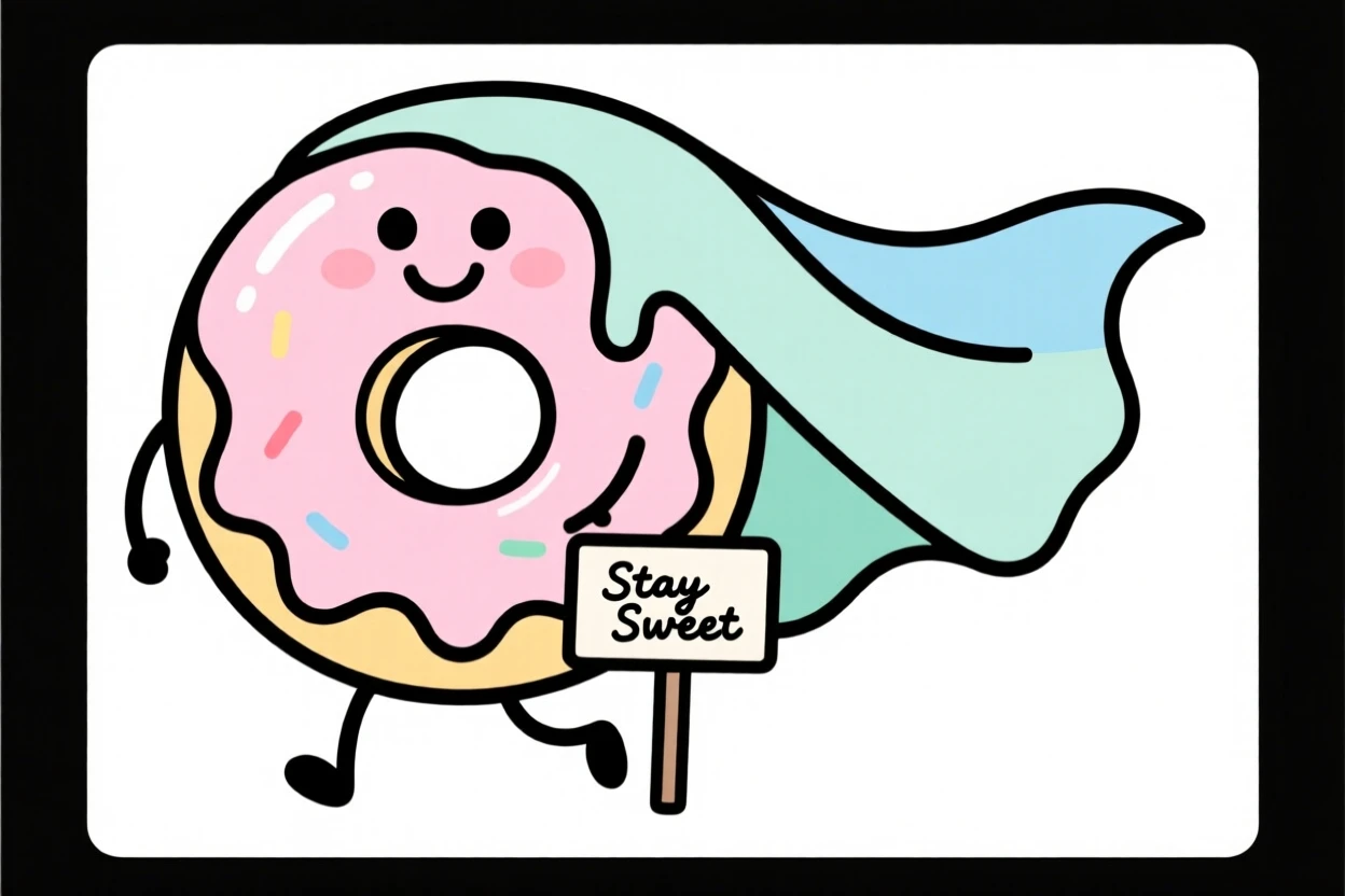 A smiling cartoon donut with icing dripping like a cape.