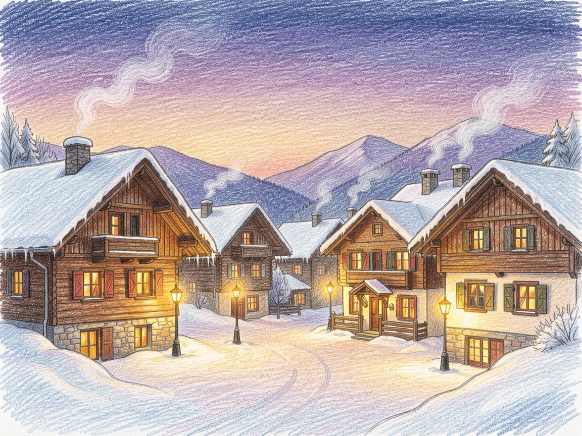A snow-dusted chalet village glowing warmly against a twilight sky, bathed in the warm glow of golden-hour light, celebrating a moment people would love to revisit.