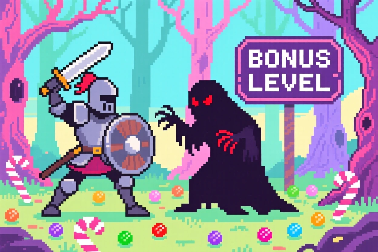 A wandering knight battling a shadow creature in a haunted forest, inside a candy-colored bonus level.